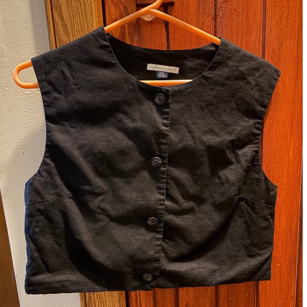 American Eagle Black Linen Blend Button Front Cropped Vest Top Womens Medium